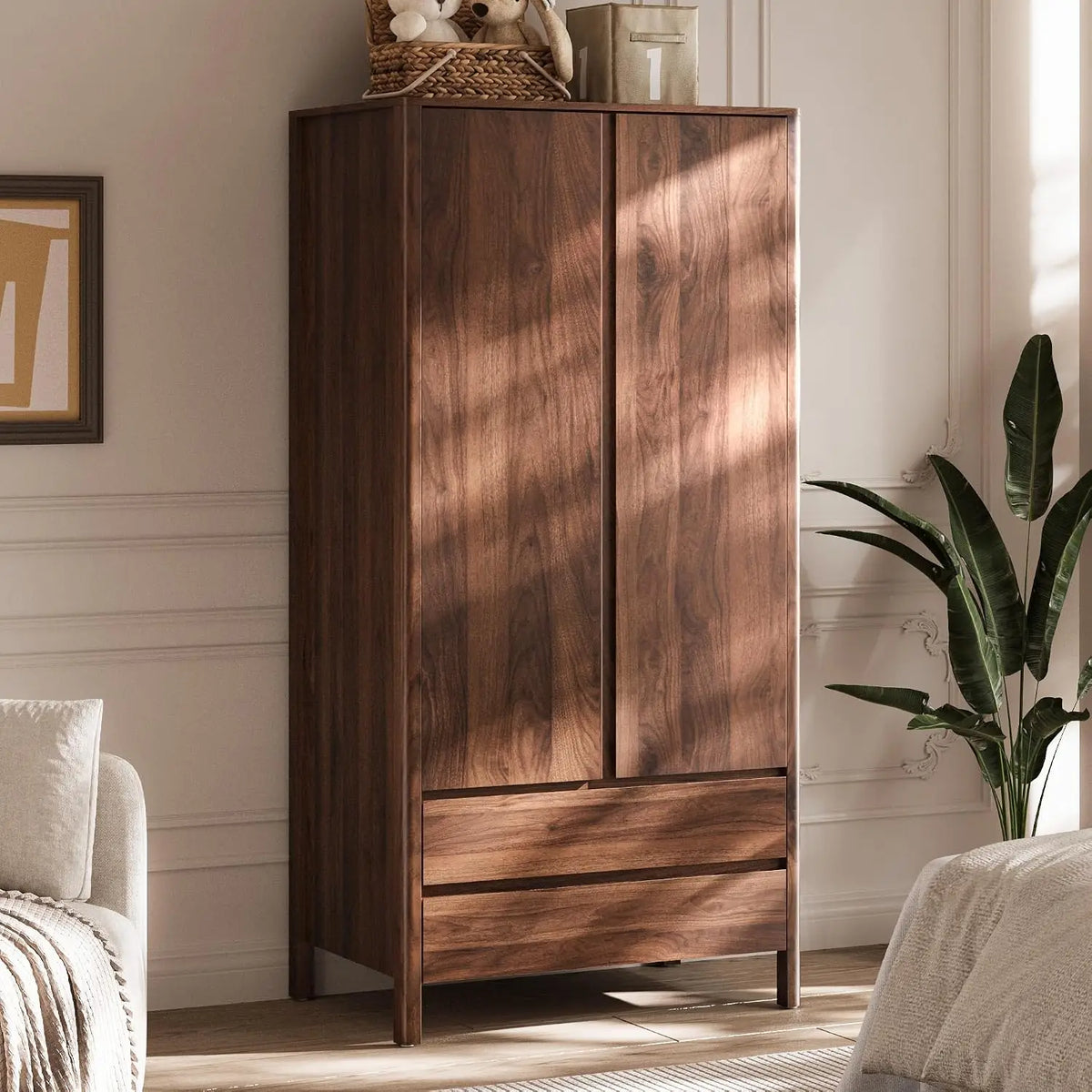 Guarda-Roupa Moderno de Nogueira com 2 Portas e 2 Gavetas, 180 cm de Altura, Armário de Quarto com Puxadores Ocultos, Armazenamento de Madeira Independente