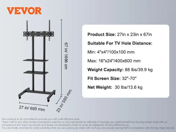 SucceBuy Suporte de TV móvel Suporte de TV com altura ajustável com rodas Bandeja dupla para dispositivos audiovisuais Suporte de TV rolante para quarto