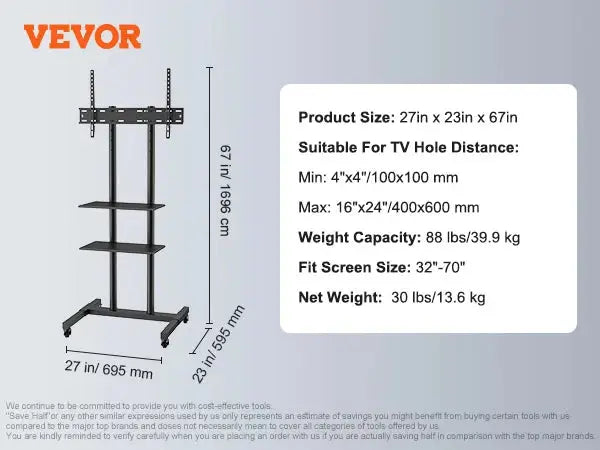 SucceBuy Suporte de TV móvel Suporte de TV com altura ajustável com rodas Bandeja dupla para dispositivos audiovisuais Suporte de TV rolante para quarto