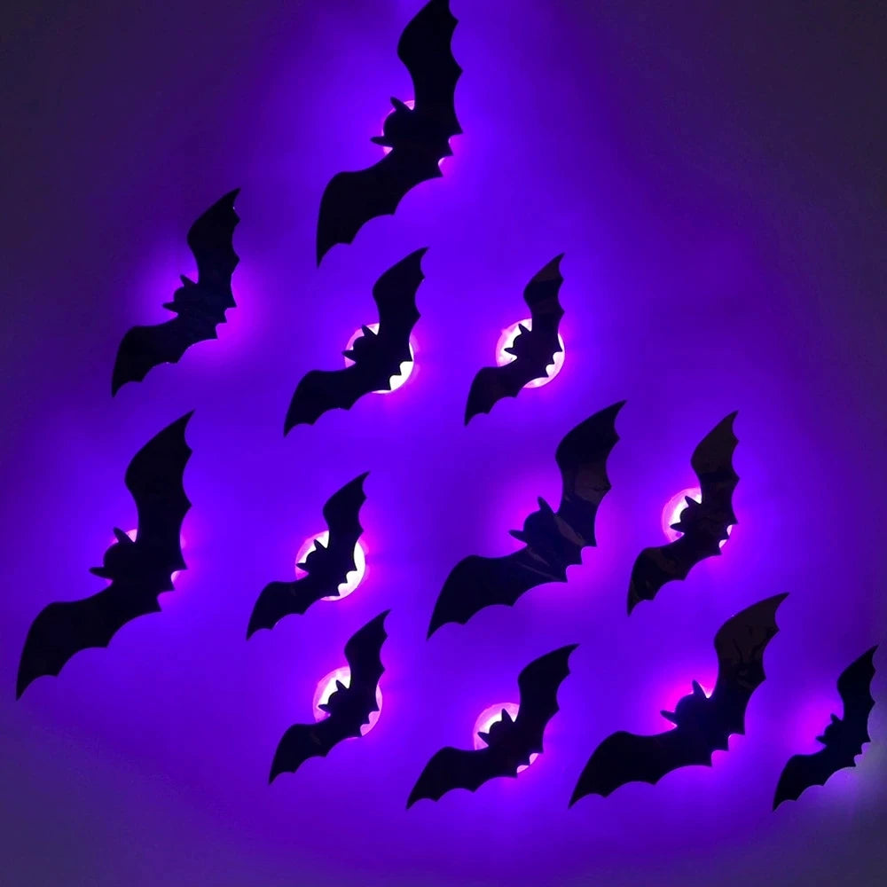 Luz Noturna LED Halloween Morcego Estéreo 3D Adesivo de Parede Material PET Enfeite Festivo para Celebrações Reuniões Residência Ornamento Luminoso Decorativo Ambiente Interior