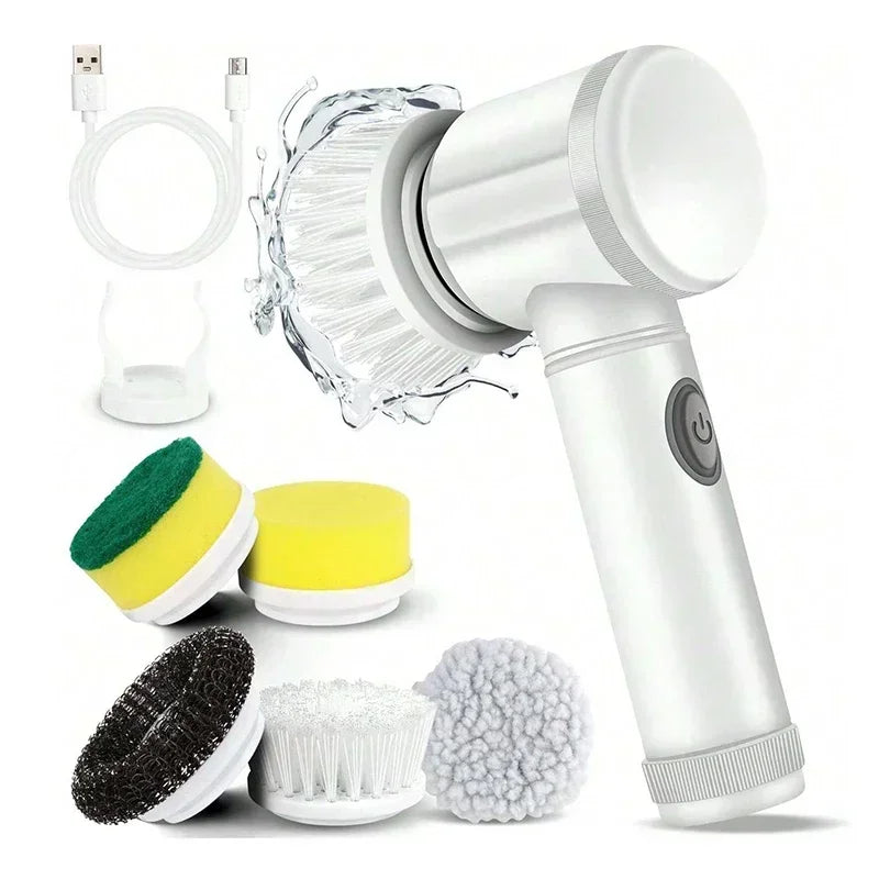 Purificador giratório elétrico sem fio 2025 com 5 escovas, limpador de banheiro recarregável à prova d'água IPX7 para limpeza de azulejos/doche/gravos