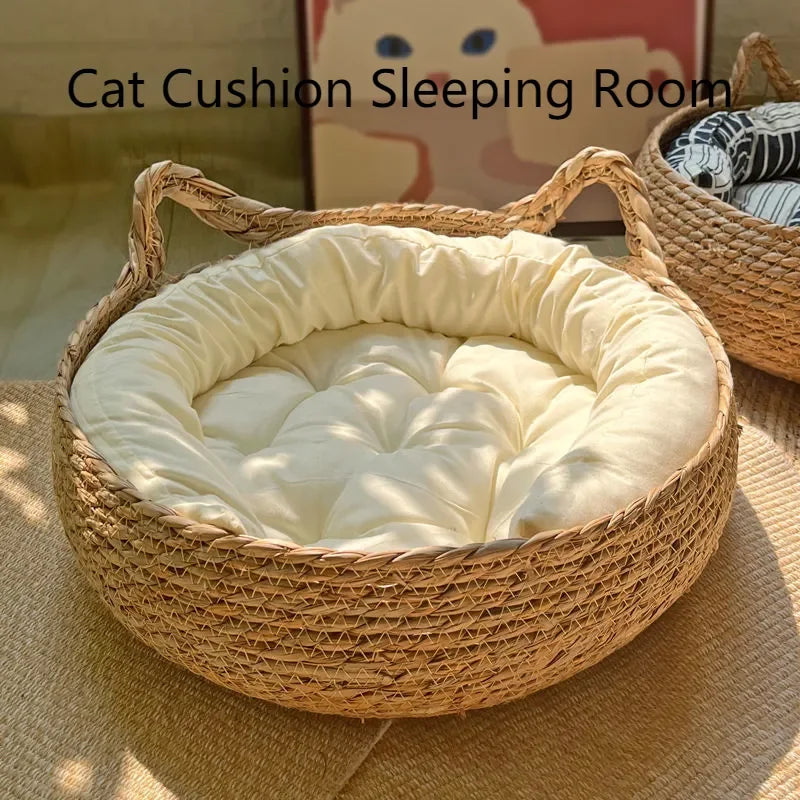Handmade Vine Woven Cat Nest, Almofada Destacável, Lavável, Puro, Universal, Sazonal, Calor, Pet Shop, Acessórios, 4 Estações, Inverno