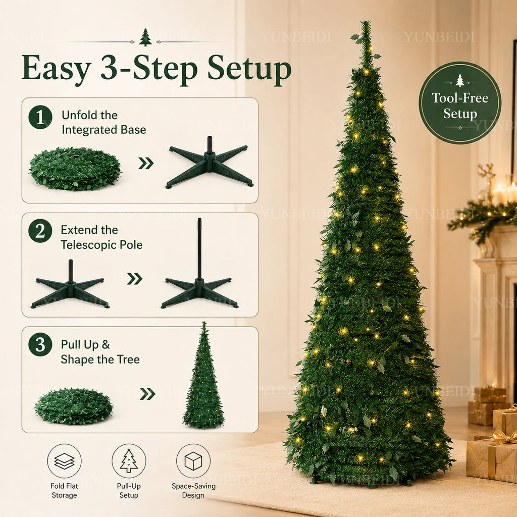 Árvores de Natal Artificiais com Luzes LED Decorativas, Tudo em Um, com Alturas de 1,5m a 2,1m, Decoração de Natal para Casa