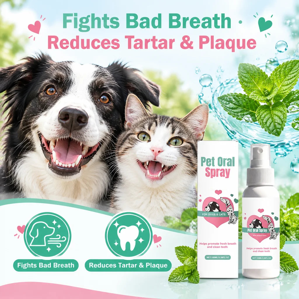 Spray oral para animais de estimação, para gatos e cães, com extrato de chá verde, seguro para animais, reduz o tártaro, proporciona hálito fresco, não requer escovação, fácil de transportar, para limpeza e cuidados