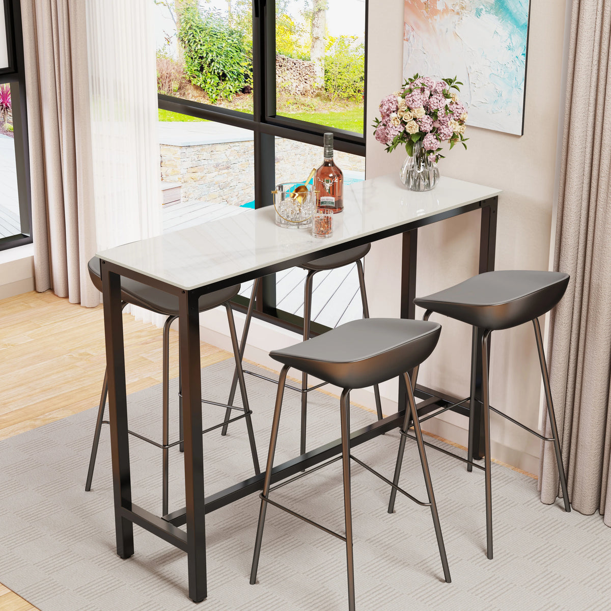 Retângulo sinterizado pedra bar mesa, alta Top Pub mesas, mesa de jantar com metal preto frame, contra altura, branco