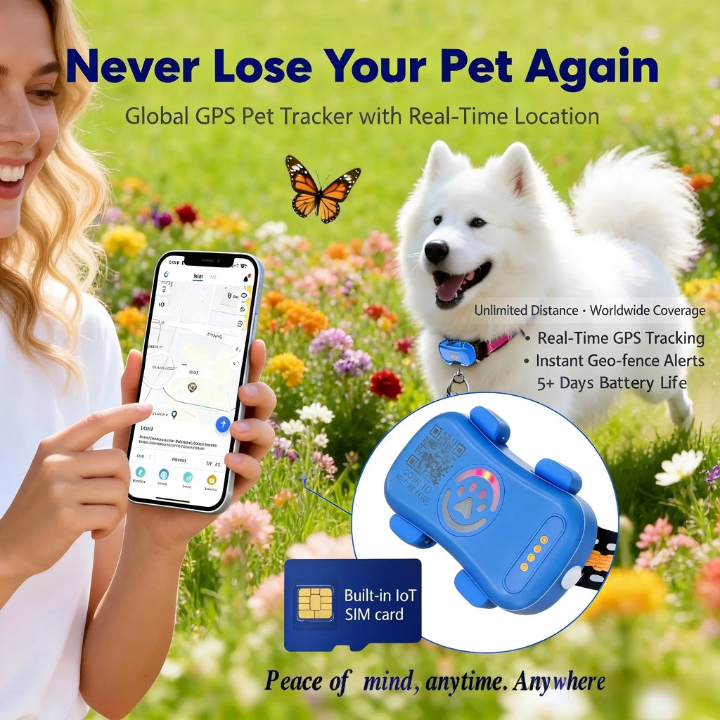 Rastreador GPS para Cães e Gatos com IoT Integrado, Rastreamento por SIM e WiFi, Distância Ilimitada, Localizador Anti-Perda com Código QR, Assinatura Necessária