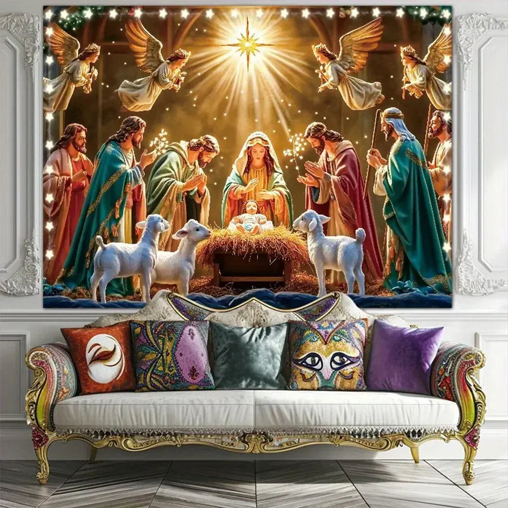 Tapeçaria de Presépio Noite Estrelada, Decoração de Parede Religiosa Tradicional para Natal e Aniversário
