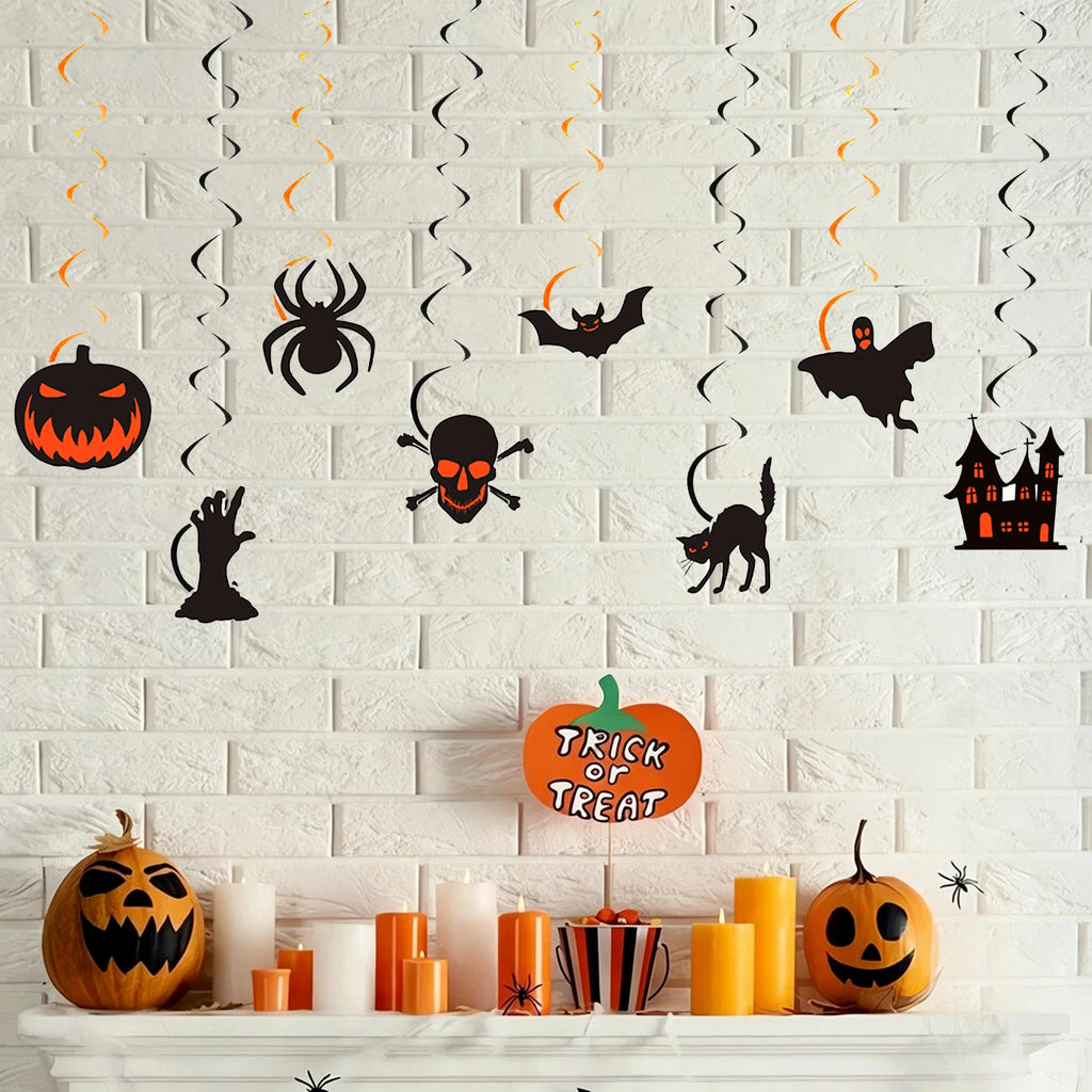 Decorações de Halloween para Pendurar, Enfeites de Teto com Abóbora, Aranha, Morcego, Caveira, Fantasma e Gato Preto, Decoração de Festa