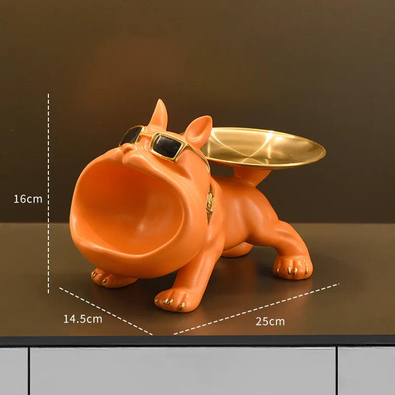 Estátua de cachorro de resina, estátua de buldogue, bandeja de armazenamento, decoração de animais, artesanato de resina, escultura de arte, estátua de cachorro, decoração de casa