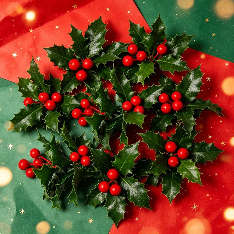 Guirlanda de Natal com Azevinho Artificial, Bagas Vermelhas, Folhas Verdes, Enfeites para Árvore de Natal, Guirlanda, Buquês DIY