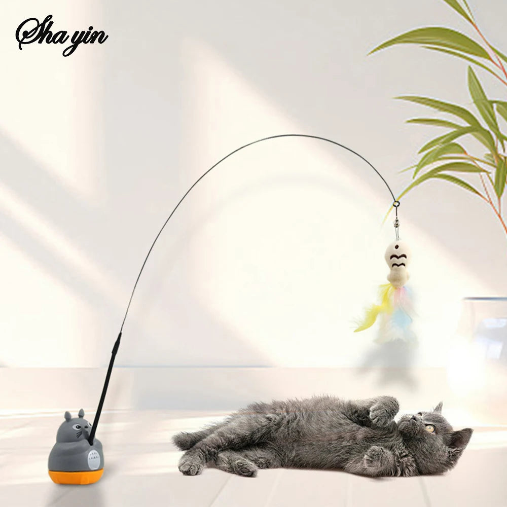 1pc animal de estimação pequeno gato pesca e gato provocando vara rotação de 360 graus com sinos de penas e fio de aço gato provocando vara