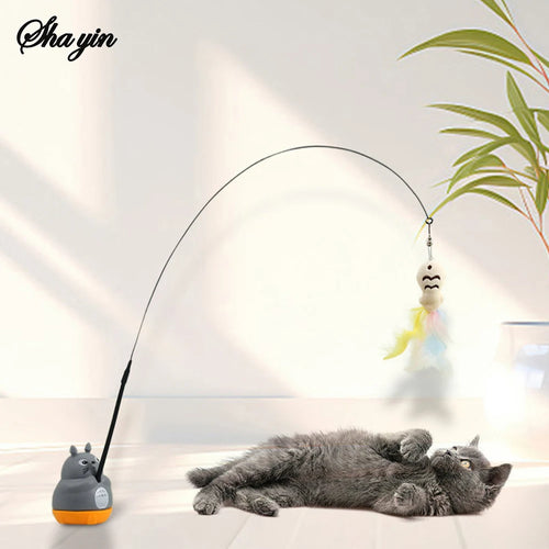 1pc animal de estimação pequeno gato pesca e gato provocando vara rotação de 360 graus com sinos de penas e fio de aço gato provocando vara Kasa & Pet