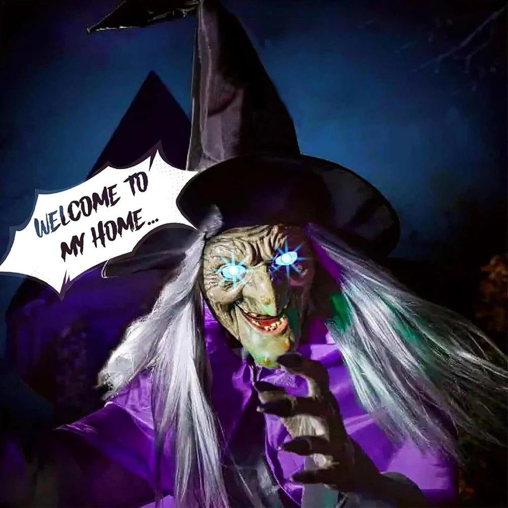 Decoração de Halloween: Bruxa Voadora com Sons e Luzes Assustadores – Fantasia Divertida de Bruxa Assustadora para Jardim, Quintal, Gramado e Ambientes Internos