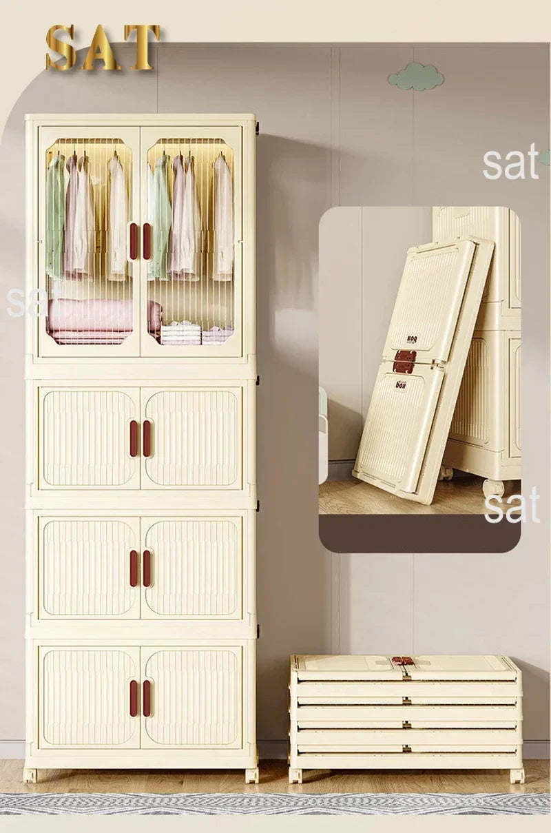 -Armário de armazenamento dobrável multicamadas com rodas, porta dupla, guarda-roupa, transparente, grande capacidade, organizador, prateleira