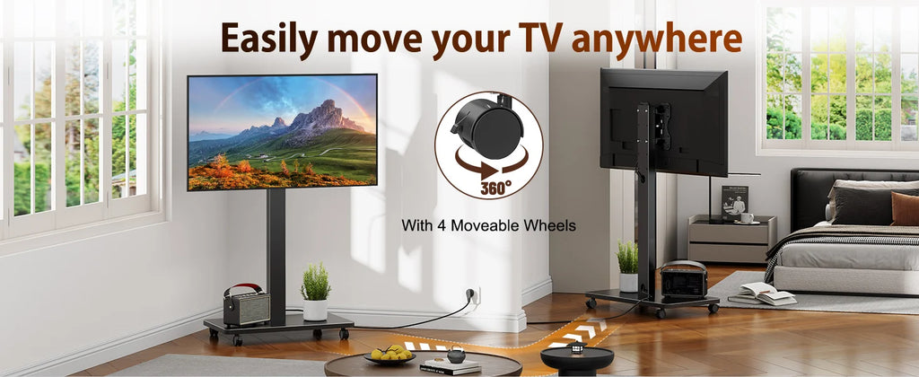 Suporte de TV rolante para TV plana curvada de 10 "-42" com retrato giratório para paisagem Suporte de TV portátil ajustável em altura com rodas