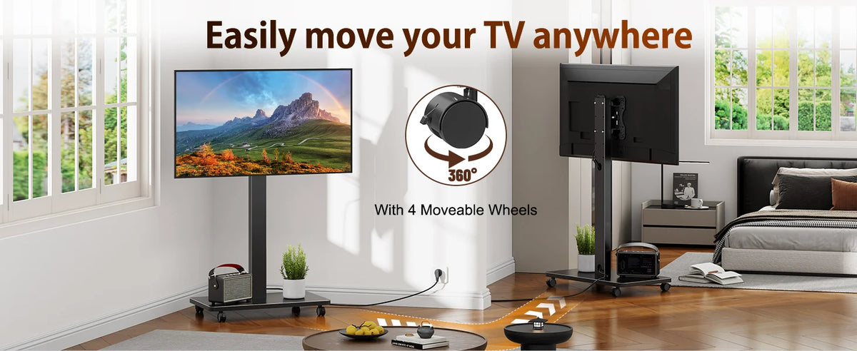 Suporte de TV rolante para TV plana curvada de 10 "-42" com retrato giratório para paisagem Suporte de TV portátil ajustável em altura com rodas