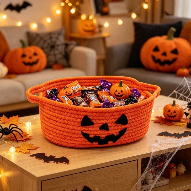 Cesta de Armazenamento de Corda de Algodão para Decoração de Festa de Halloween, Cesta de Armazenamento de Abóbora, Caixa de Armazenamento de Doces e Petiscos, Presentes Decorativos Diários