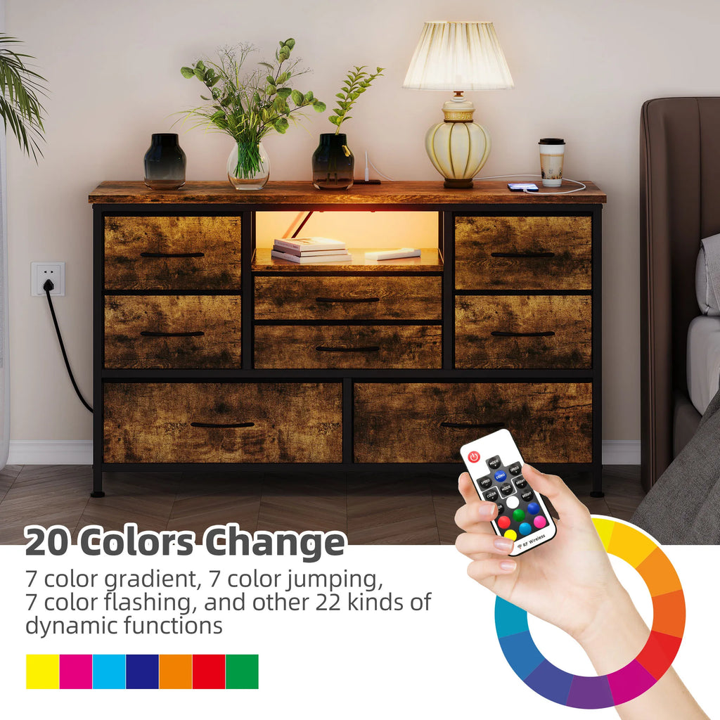 Cômoda de Tecido com 8 Gavetas e Suporte para TV com Luzes LED, Estação de Carregamento e Unidade de Armazenamento para Quarto de Bebê, Sala de Estar e Corredor