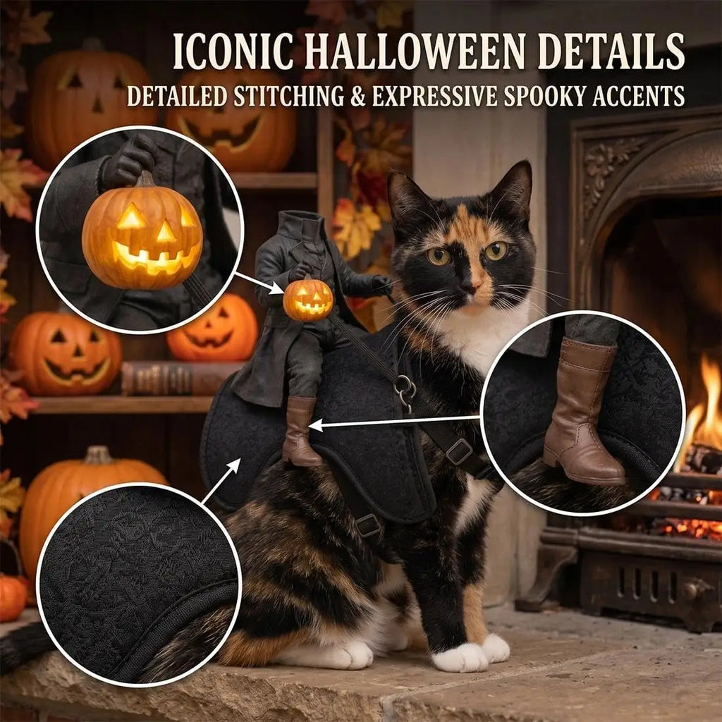 Fantasia de Cavaleiro Sem Cabeça para Animais de Estimação para Festa de Halloween, Traje Assustador de Ilusão de Montar em Cavalo 3D, Fantasia Realista de Cavaleiro Sombrio para Fotos