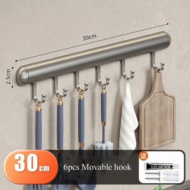 Suporte de gancho de cozinha, haste de suspensão sem perfuração, rack de armazenamento de parede, espátula, colher, espaço removível, cabides de gancho de alumínio