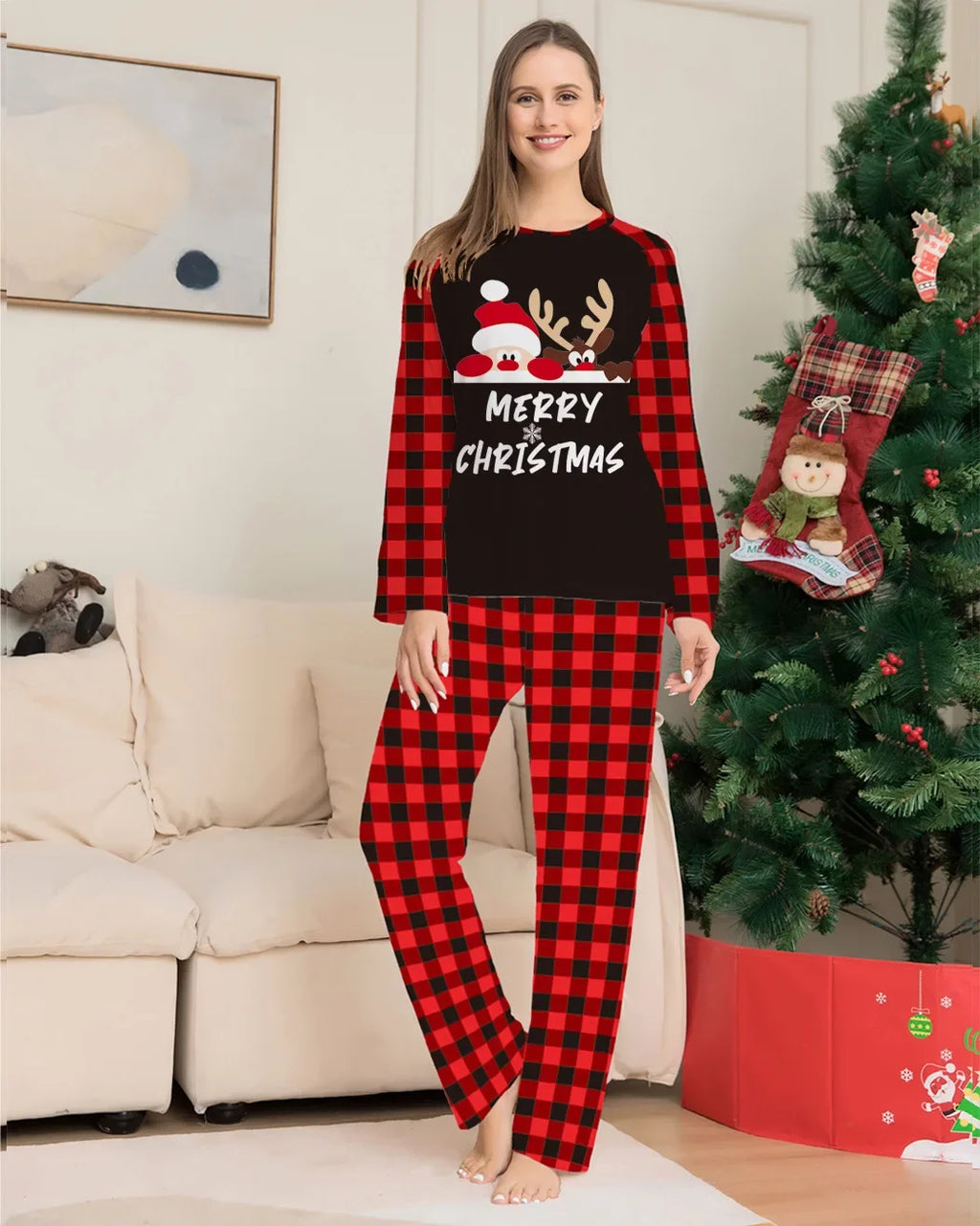 Pijamas de natal família olhar roupas papai noel impressão roupa interior feminina combinando conjunto casual solto sono roupas masculinas