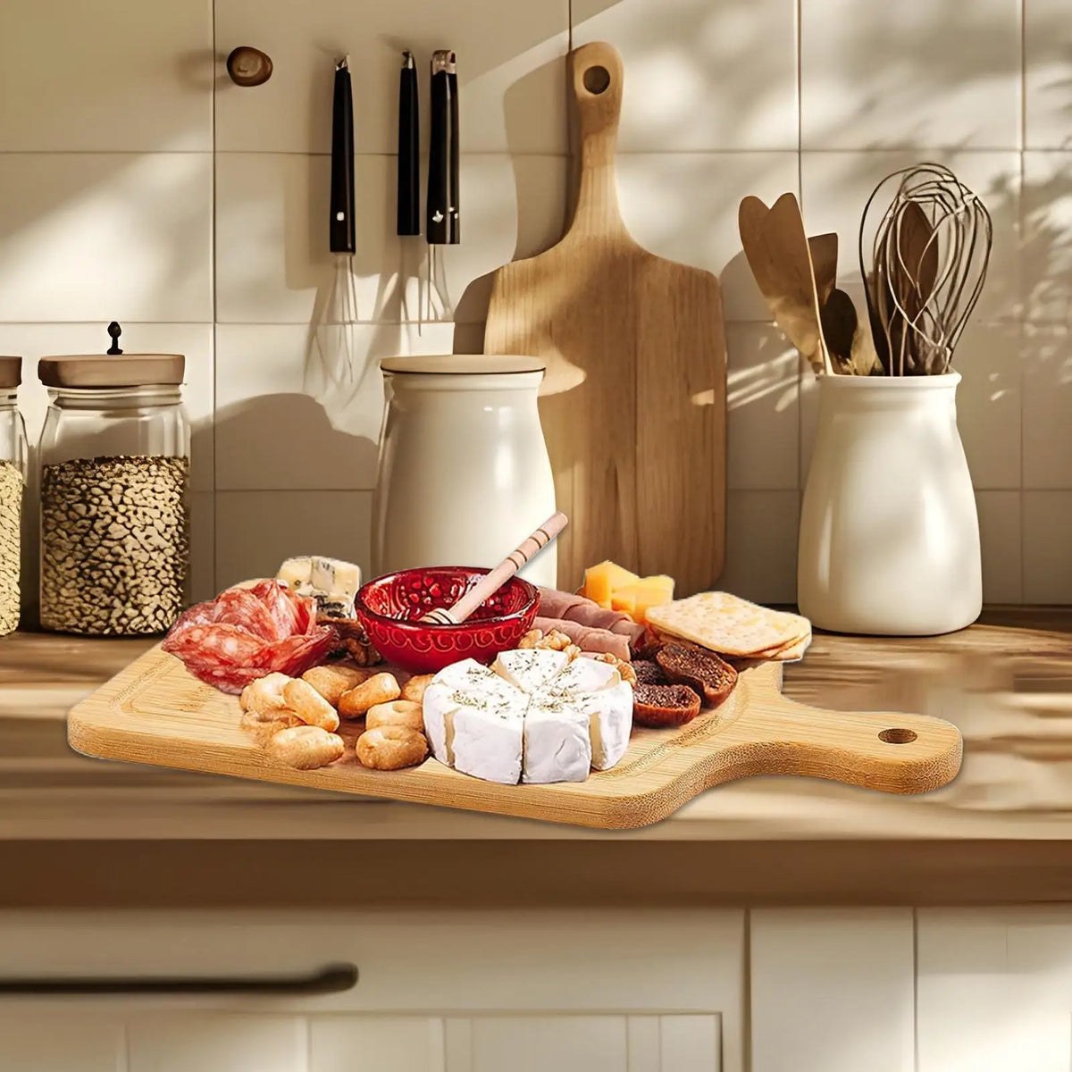 Conjunto de placa de charcutaria de bambu-bandeja de servir queijo de madeira com talheres para casamento natal festa de inauguração decoração de casa