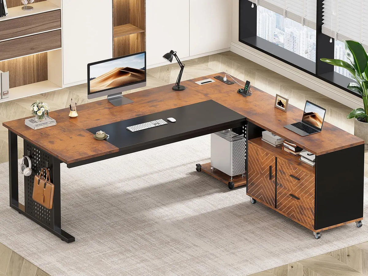 Mesa Executiva de 71 polegadas com Armário Arquivador com Rodas, Mesa de Escritório Grande com Gavetas, Mesa de Computador em L com Tomada, Personalizável