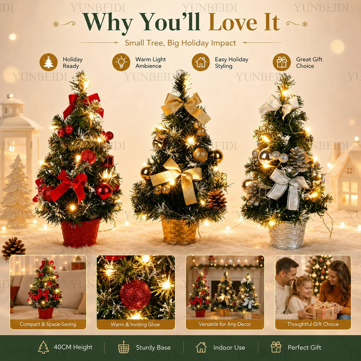 Mini Árvore de Natal Artificial de 40CM com Luzes LED, Decoração de Natal para Casa e Mesa, Presente de Ano Novo