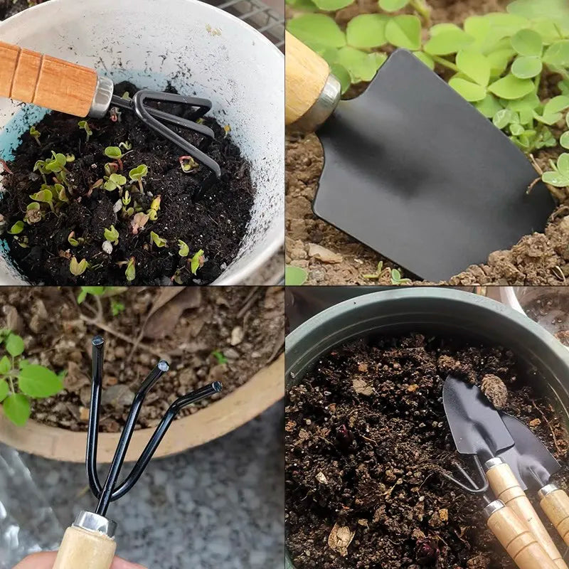 Conjunto de Ferramentas de Jardinagem Mini Portátil 3 Peças/1 Conjunto com Cabos, Pá e Rastelo para Jardinagem Interna e Plantio de Flores