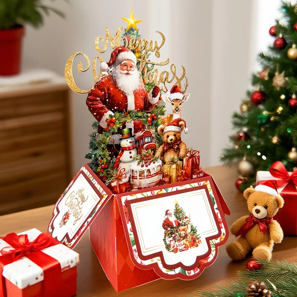 Cartões de Natal com Tema de Árvore de Natal, Papai Noel e Rena, Cartão Pop-Up 3D com Envelope, Suprimentos de Decoração para Festas de Fim de Ano, 1 unidade