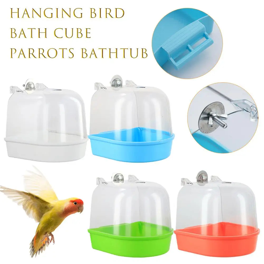 Banho de pássaros para limpeza de gaiola, suprimentos para animais de estimação, calopsita, banheira de pássaros com ganchos pendurados, acrílico transparente, cubo de banho de pássaros