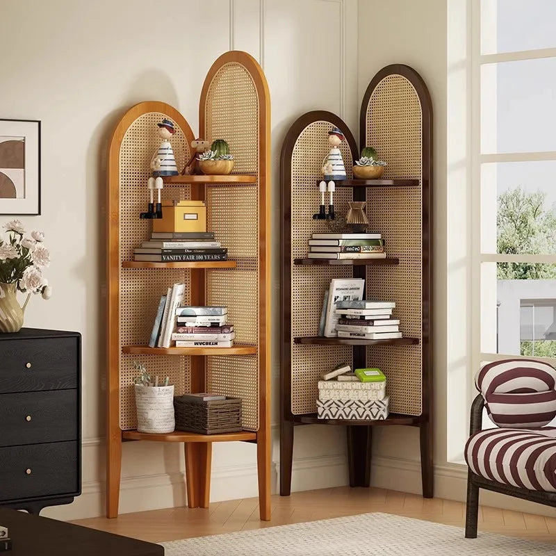Estante Retro Triangular de Canto com Trama de Rattan para Sala de Estar, Divisória e Armazenamento para Quarto