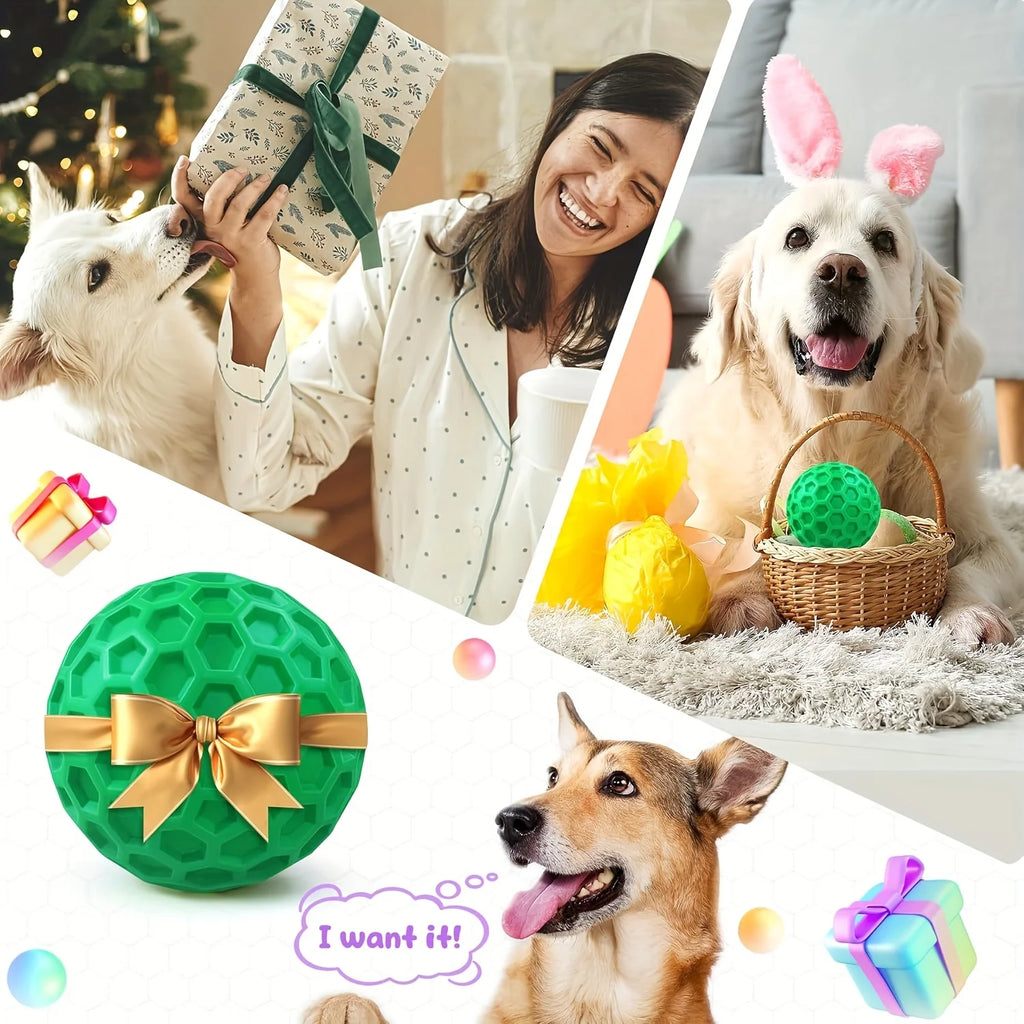 Brinquedo de Borracha Natural Resistente para Cães, Bola Indestrutível com Som para Mastigadores Agressivos, Sabor Carne, Design Hexagonal, Saúde Dental