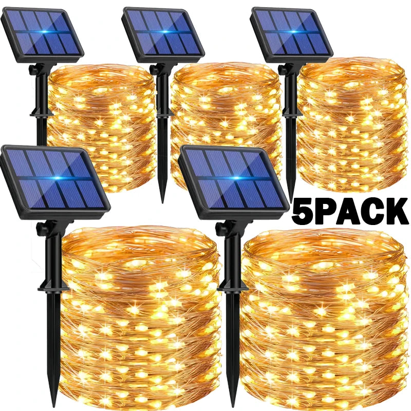 Pacotes de Luzes de Natal LED Solares 1 2 3 4 5, Luzes de Fada para Exterior, 8 Modos, Fios de Cobre, Impermeáveis, Decoração para Jardim, Árvore e Pátio