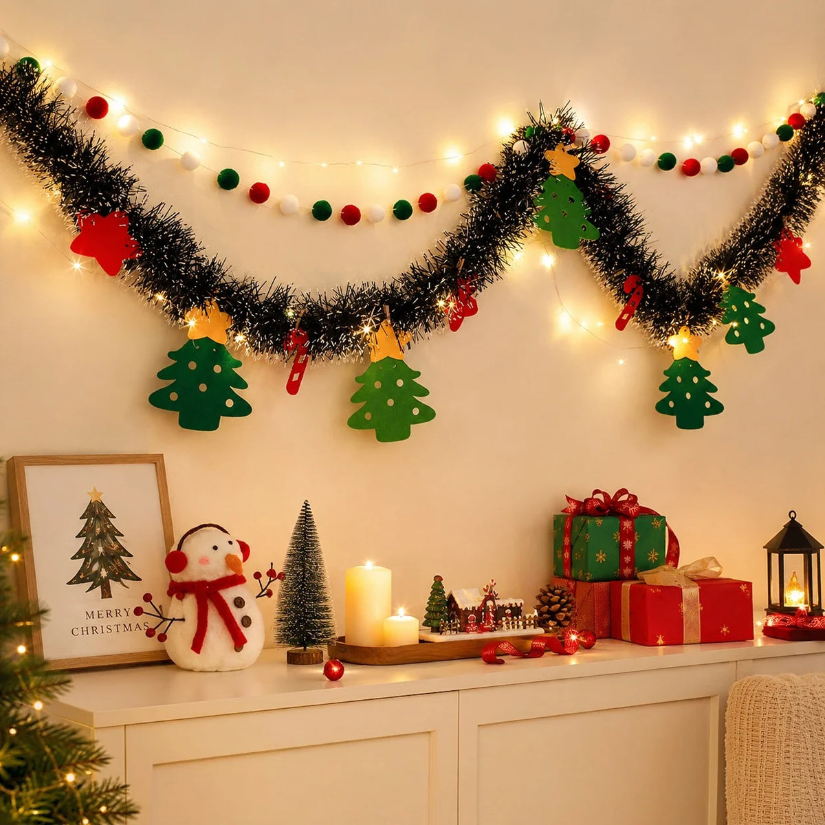 Guirlandas e faixas de Natal com luzes LED, enfeites de árvore de Natal para montar você mesmo, decoração colorida para vitrines e paredes, guirlandas com luzes quentes, 2 metros.