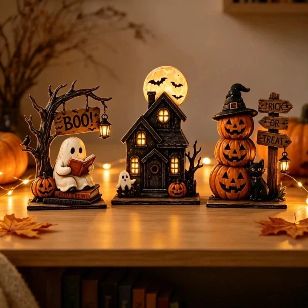 Conjunto de Decoração de Halloween, Estilos Vintage, Decorações de Madeira para Interiores, para Prateleiras, com Elementos como Fantasmas e Abóboras