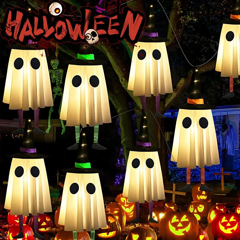 Decorações de Fantasmas Pendurados para Halloween, Luzes de Chapéu de Bruxa para Halloween ao Ar Livre, Fantasmas Brilhantes para Árvores de Jardim, Decoração de Halloween para Quintal