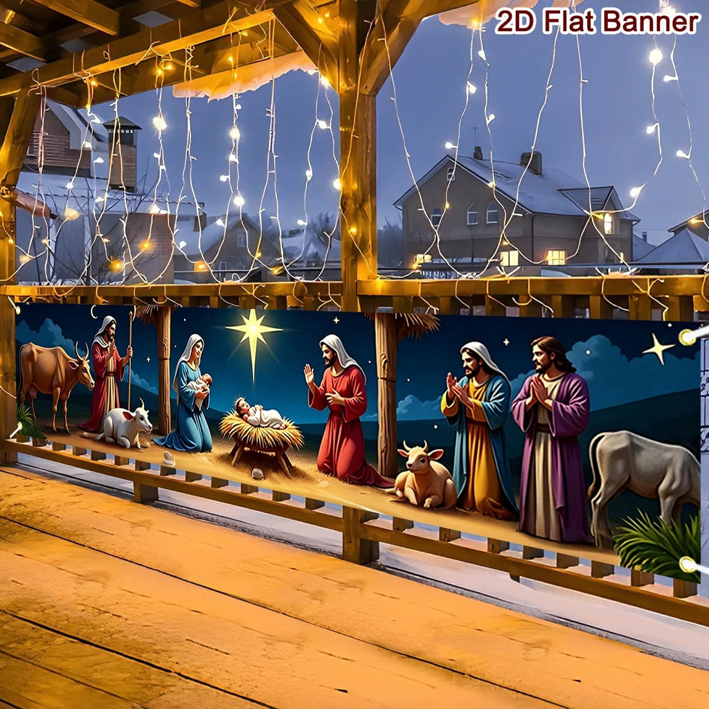 Banner de Cena de Natividade de Natal 200*40cm, Fundo de Poliéster para Decoração de Festa em Casa, Interior e Exterior, Decorações de Natal 2026