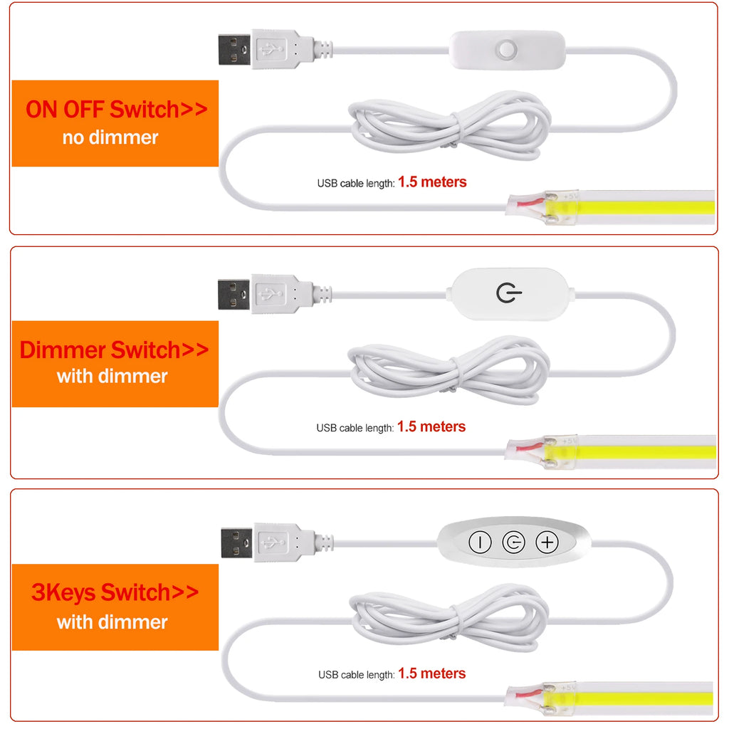Dimmable COB LED Strip Light, Fita com interruptor ON OFF, Iluminação Linear de Alta Densidade, Fita Adesiva, USB, Flexível, 320LEDs, 5V
