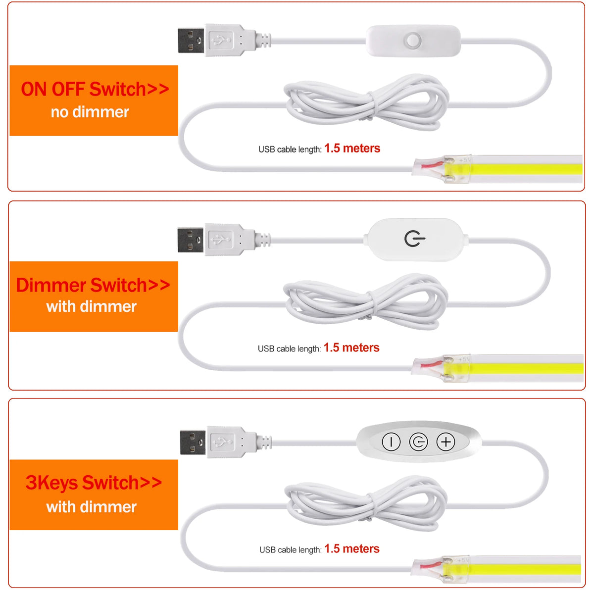 Dimmable COB LED Strip Light, Fita com interruptor ON OFF, Iluminação Linear de Alta Densidade, Fita Adesiva, USB, Flexível, 320LEDs, 5V