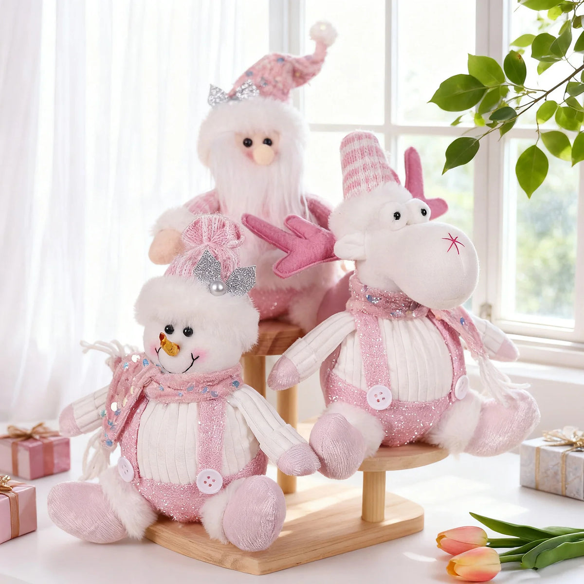 Decorações de Natal – Pingente de boneca de desenho animado com lantejoulas sentadas, rena rosa, boneco de neve e papai noel, adereços de cena de festa de Natal