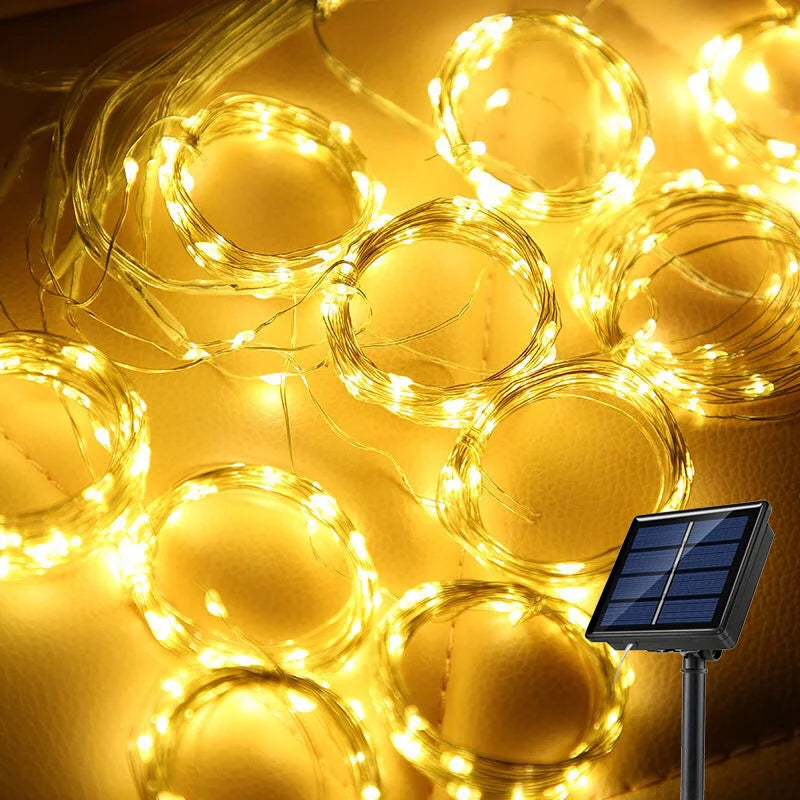 Solar led cortina de luz ao ar livre guirlanda solar fada luz da corda fio cobre lâmpadas para jardim quintal festa casamento decoração do feriado