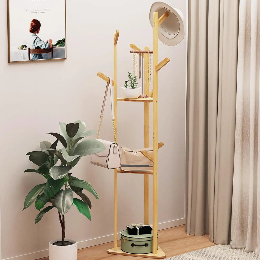 Cabideiro de Bambu: Cabideiro Robusto com 9 Ganchos e Base Estável, Cabideiro para Entrada, Capacidade Máxima de Carga 15kg, Ideal para Casa, Quarto, Sala de Estar, 160X36X36Cm