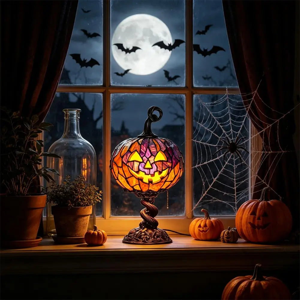 Luminária de Mesa de Abóbora Alta para Halloween com Fantasma e Morcego Brilhantes, Artesanato em Resina, Luminária Criativa para Decoração de Casa