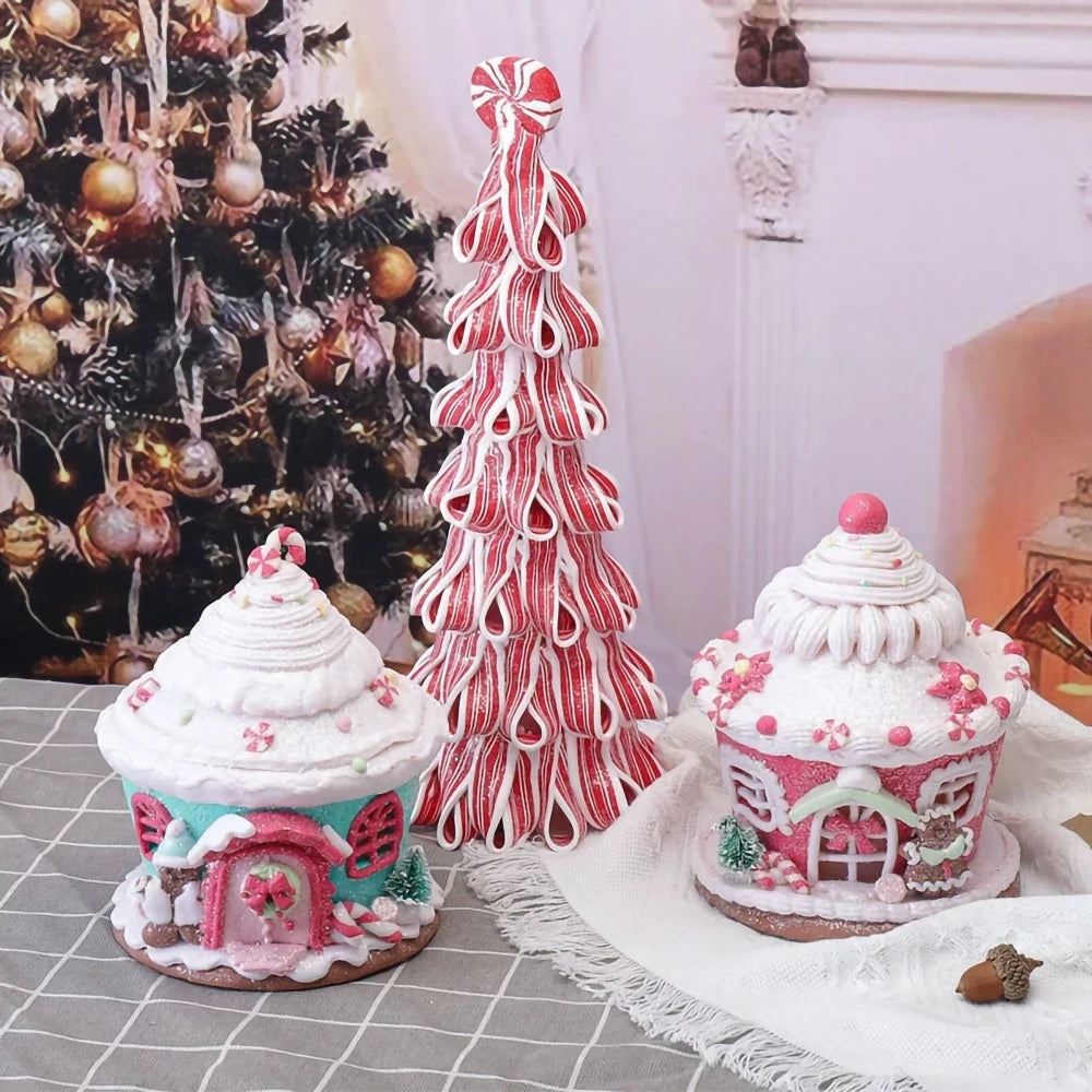 Castelo luminoso de natal, decoração de árvore de natal, ornamentos de argila macia, acessórios fofos de macaron, suprimentos para feriados de natal