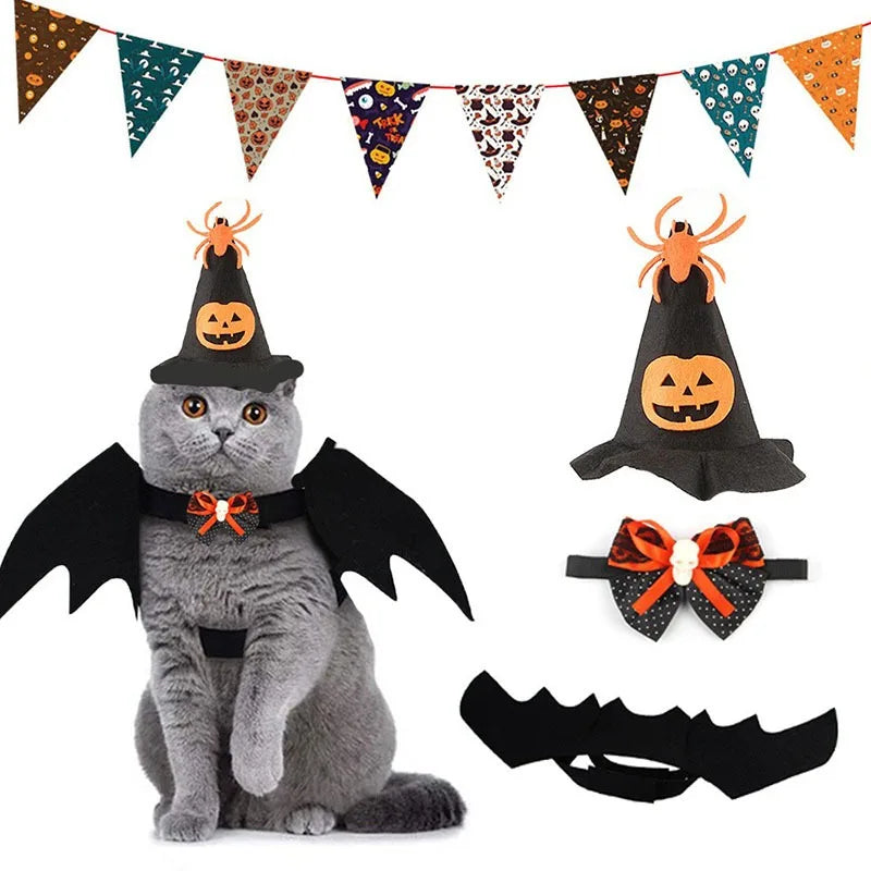 3×Conjunto de Decoração de Fantasia de Halloween para Gato de Estimação - Acessórios de Asas de Morcego, Coleira e Tiara, Fantasia Assustadora e Fofa para Festa de Halloween