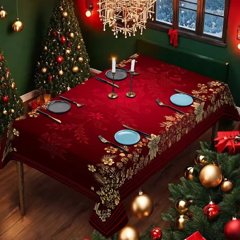 Toalha de Mesa de Natal: Decoração Clássica de Inverno com Estampa de Papai Noel, Floco de Neve e Pinhas – Suprimentos para Cenário Festivo