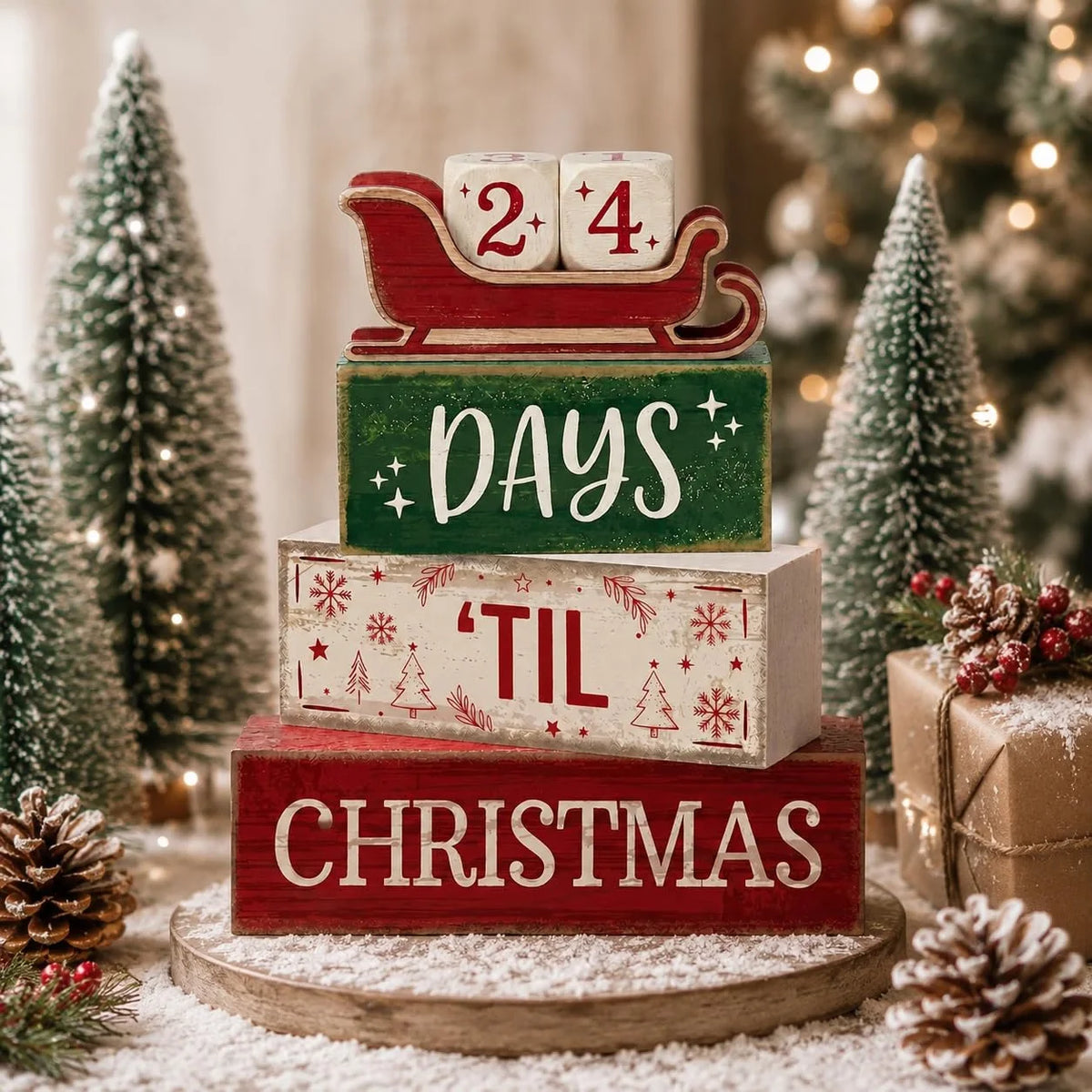 Decorações de Natal em madeira para uso interior, decoração rústica para mesa em estilo campestre, calendário do Advento com tema de trenó e contagem regressiva para o Natal.