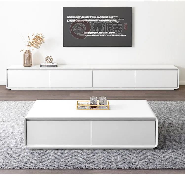 Conjunto de Móveis Modernos Brancos para Sala de Estar, Mesa de Café e Rack para TV com Armários de Armazenamento, Conjunto de Centro de Entretenimento Contemporâneo