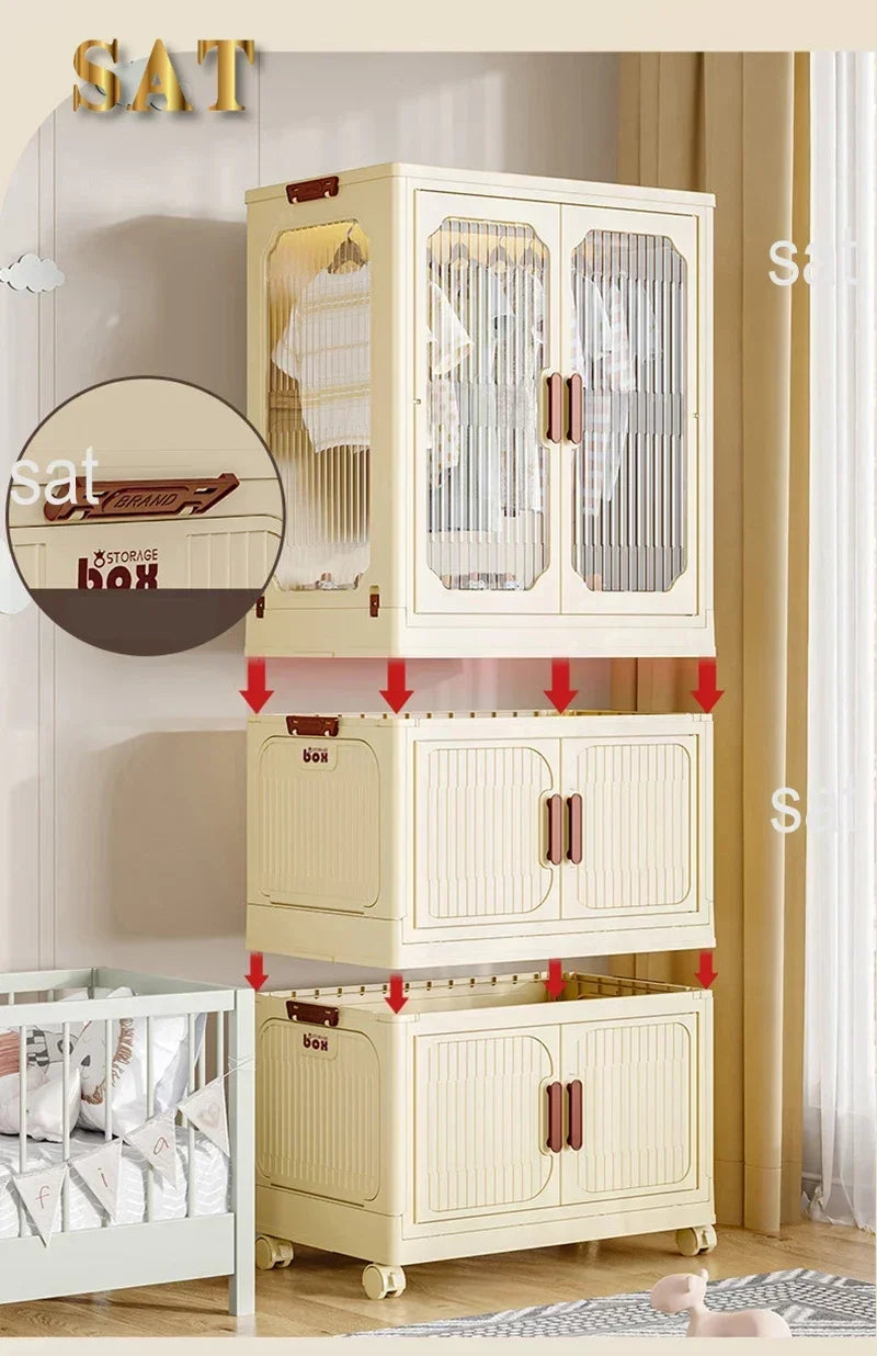 -Armário de armazenamento dobrável multicamadas com rodas, porta dupla, guarda-roupa, transparente, grande capacidade, organizador, prateleira